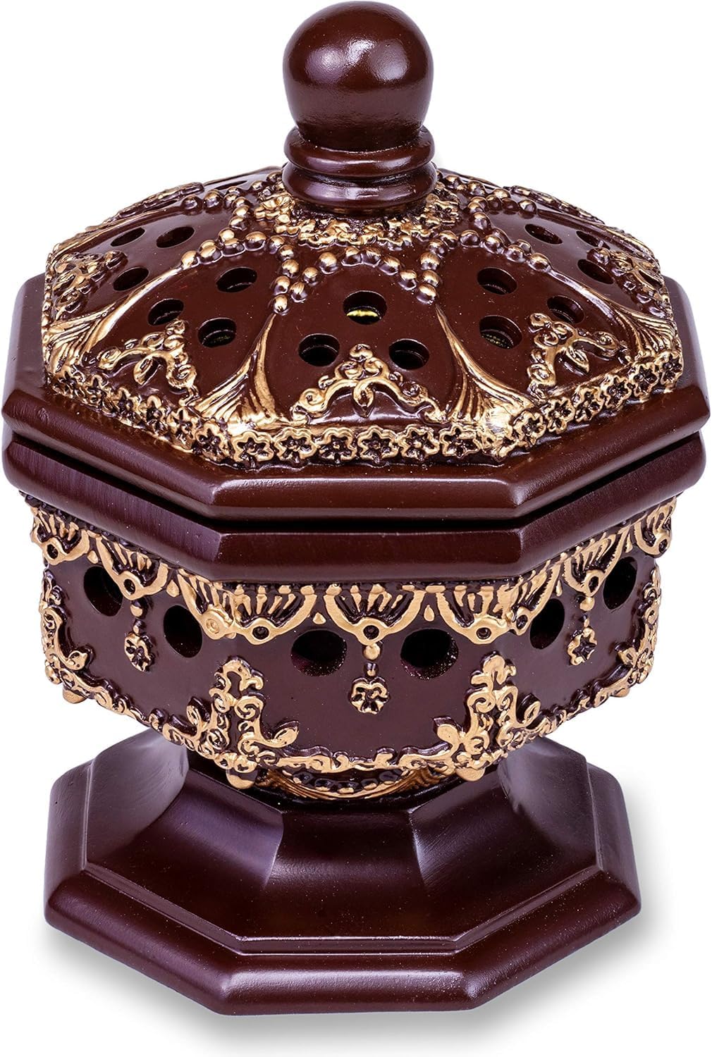 AM Lux Octagon Incense Burner – Bakhoor & Cone Holder | Charcoal Resin Burner for Frankincense, Myrrh & Aromatherapy | Decorative Mabkhara for Home, Office & Meditation Room Decor (Octagon Brown)