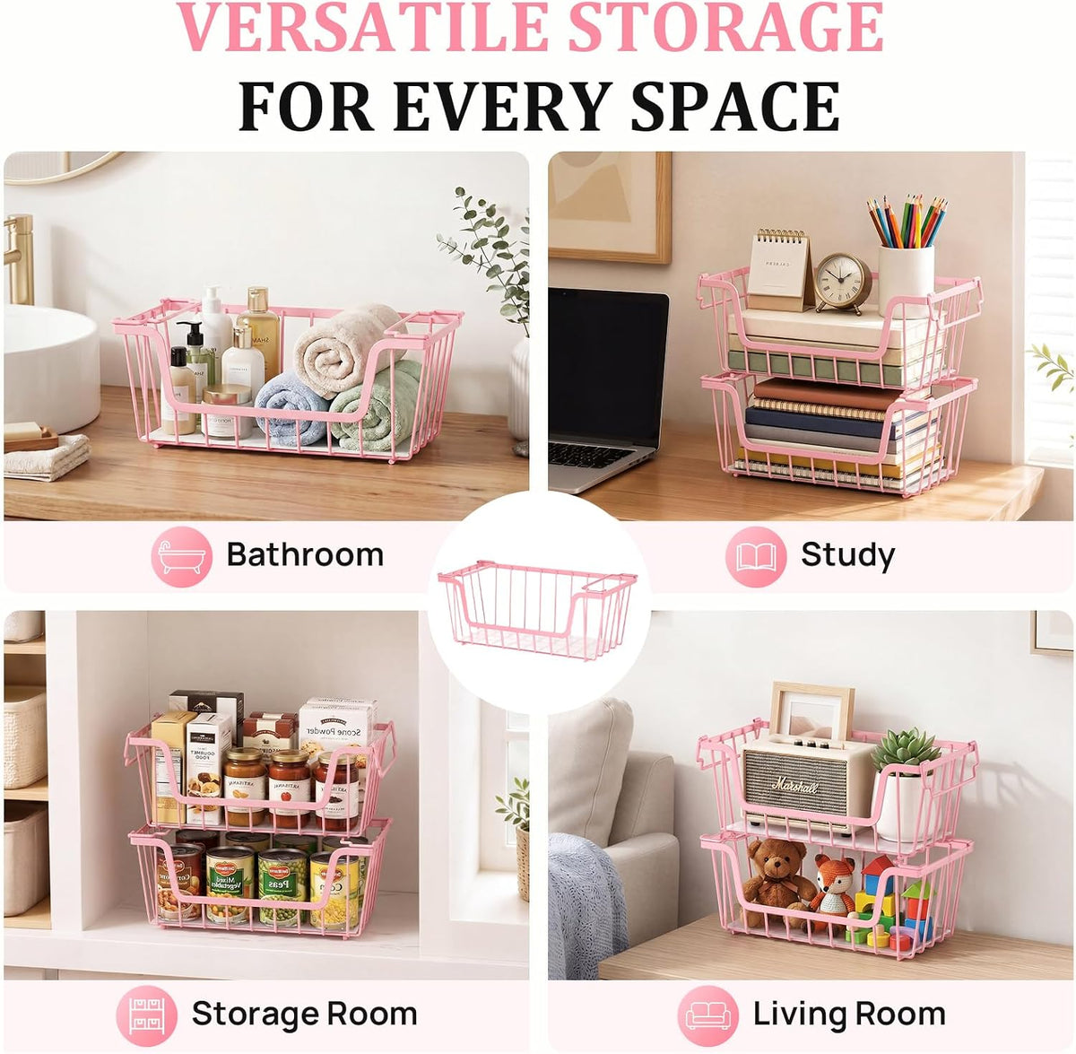SUNALLY Stackable Storage Bins 6 Pcs Wire Baskets Freezer Organizer, Pink