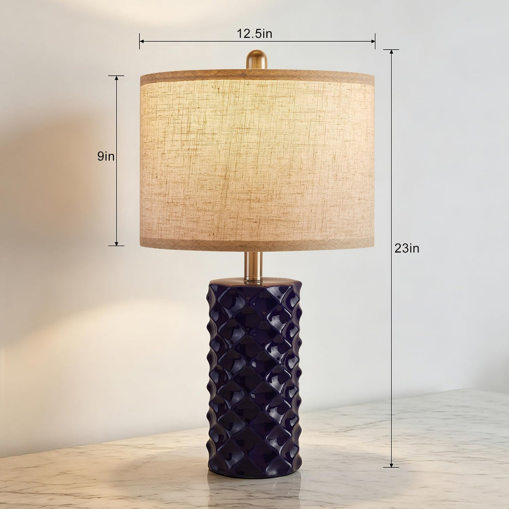 Star Diamond Ceramic Table Lamps Set of 2 - Dark Blue Nightstand Lamps 23"