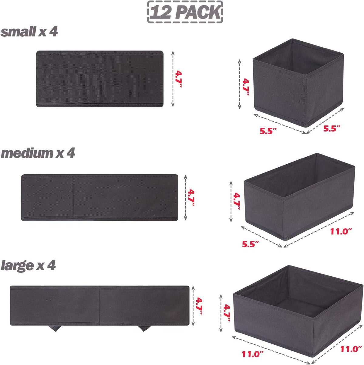 DIOMMELL 12 Pack Foldable Cloth Storage Box Closet Dresser Drawer Organizer Fabric Baskets Bins Containers Divider for Baby Clothes Underwear Bras Socks Lingerie Clothing,Dark Grey 444