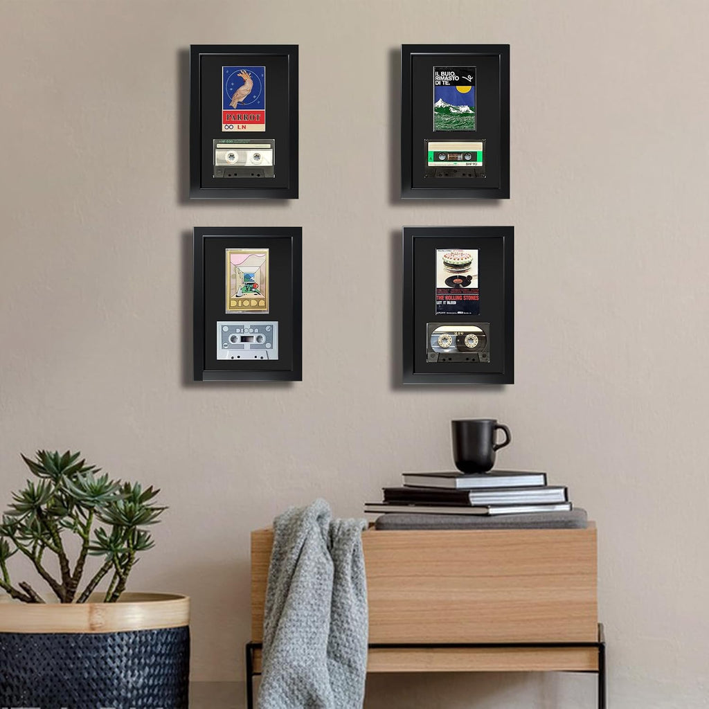 Cassette Tape Display Frame for Standard Case and Tape, Black Flocked EVA