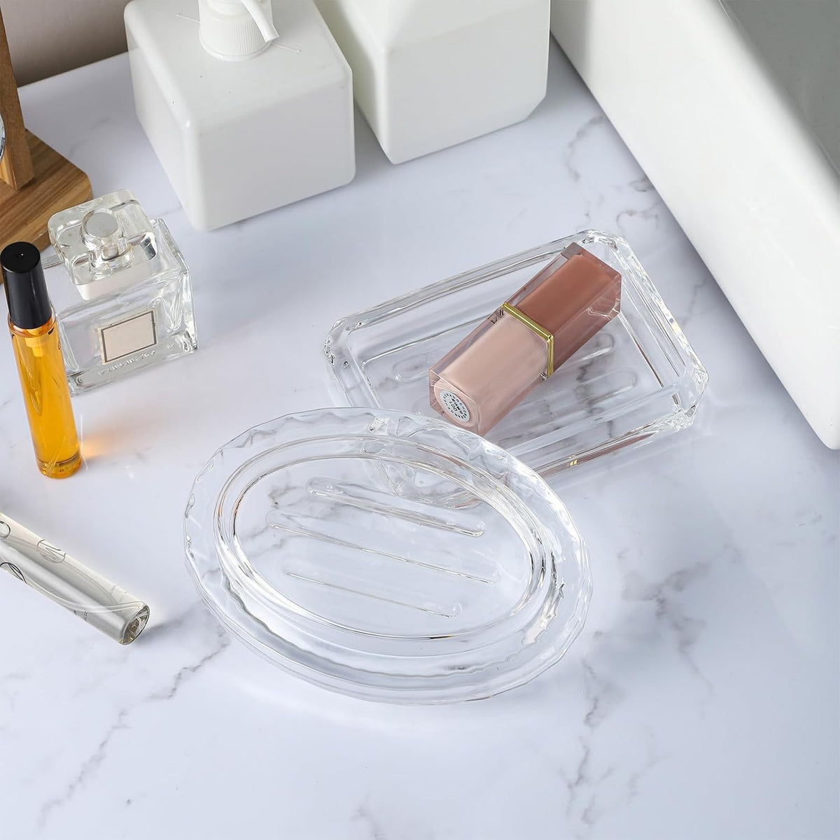 WHJY 2 Pack Glass Soap Dish Cute Bathroom Soap Dish Decorative Soap Dish Oval Soap Bar Container