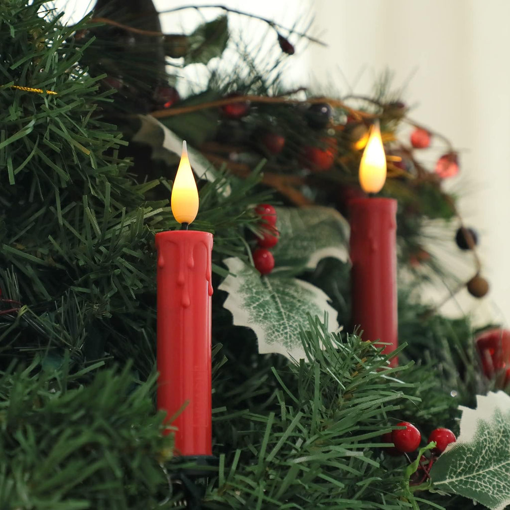 Christmas Tree Clip-on Taper Candles with 3D Flickering Flame Battery Operated Candle with Timer and Remote, Pack of 10, Red