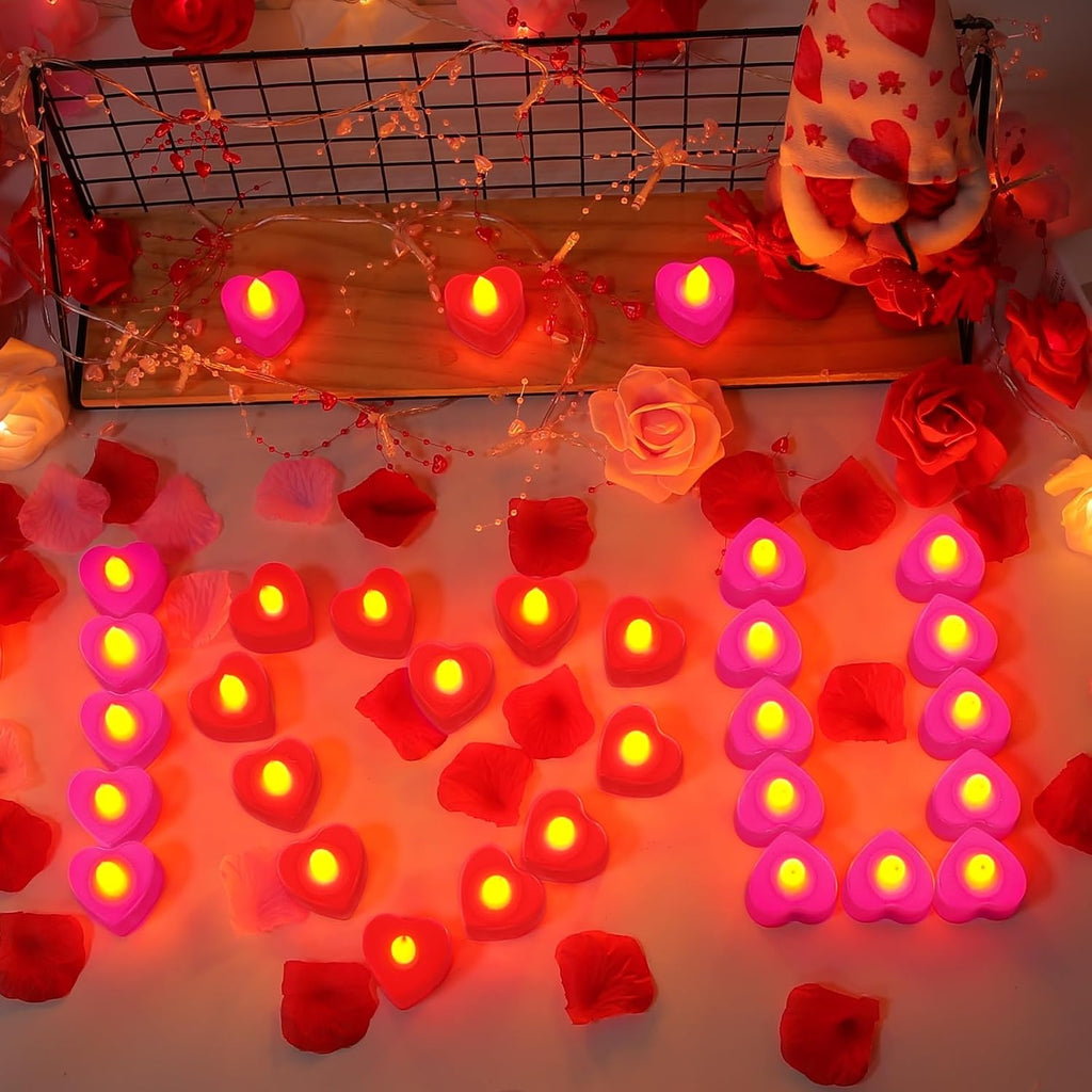 Valentines Day Decorations, 24 Pack LED Heart Tea Lights Candles Battery Operated Red Pink Valentines Day Lights Heart Shaped Flameless Candles for Romantic Night Anniversary Wedding Table Party Decor