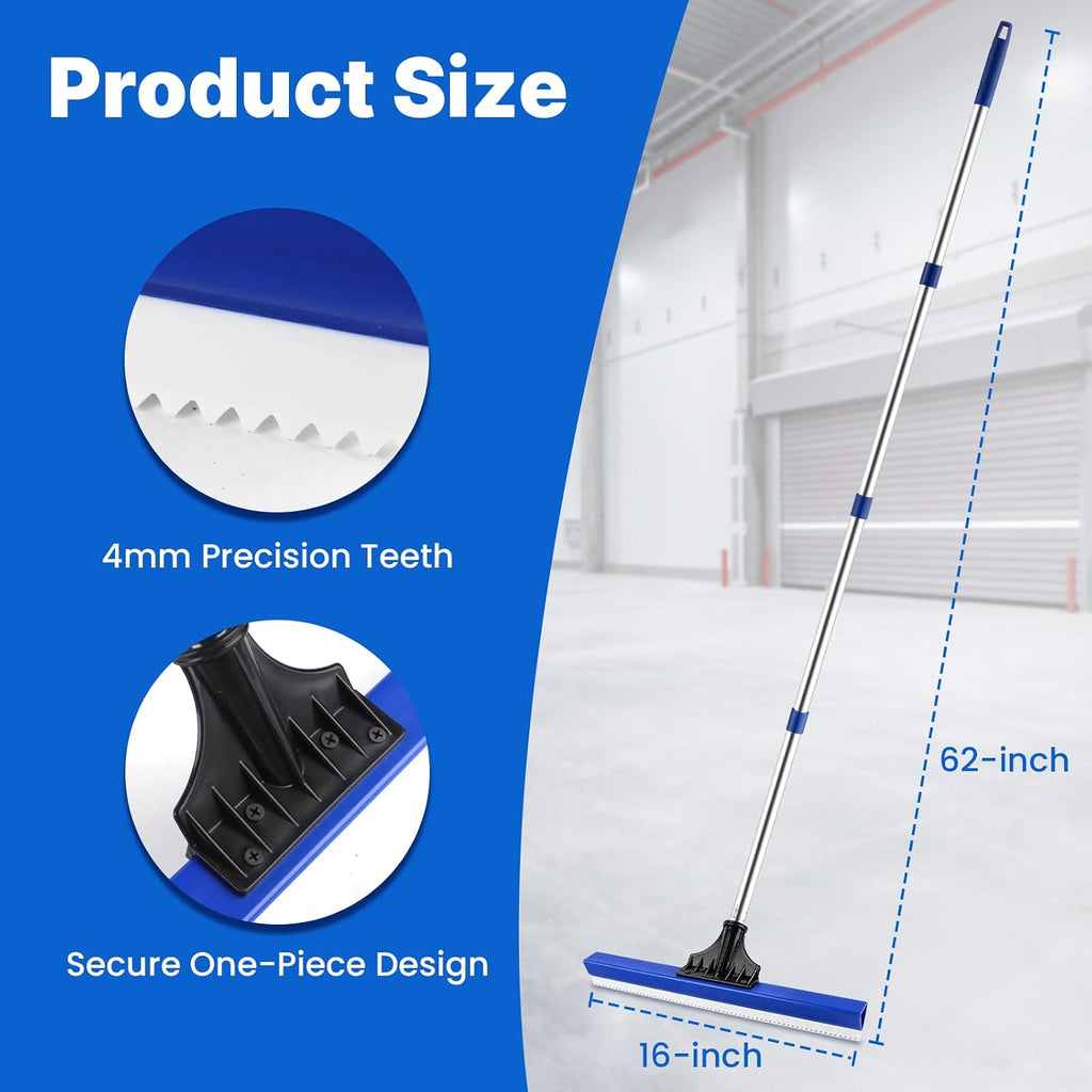16" Notched Epoxy Floor Squeegee with 62" Long Handle for Coatings, Sealers