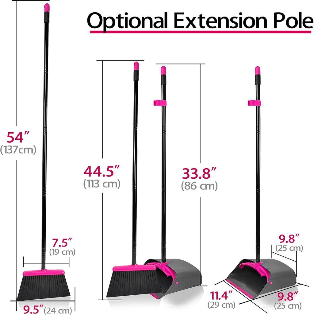 JEHONN Broom with Dustpan Combo Set, Long Handle Lightweight Indoor Broom Set, Upright Standing Dust Pan with Comb Teeth Store Sweep Set for Home Room Kitchen Office Lobby (Rose Red)