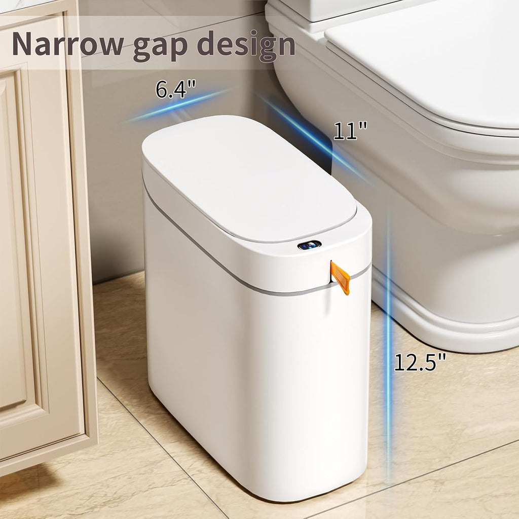 Bathroom Trash Can with Lid, 3.5 Gallon Small Automatic Motion Sensor Garbage Bin with Auto Bag Suction & One-Pull Self Sealing, Slim Smart Touchless Waste Basket for Bedroom, Office, Kitchen, Rv
