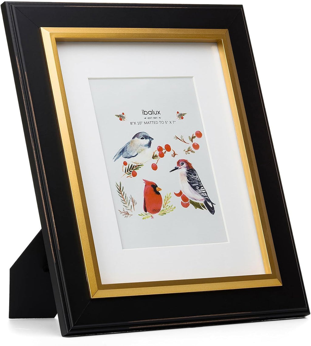 8x10 Black Wood Picture Frame with Real Glass, Gold Inner Border, Matted to 5x7, Vertical and Horizontal for Tabletop or Wall Hanging