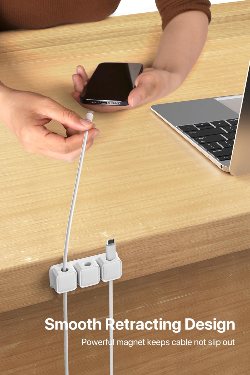 Smofish Magnetic Cable Clips, 6 Pack 10-Slot Cord Organizer, Strong Phone Charging Cable Holder Clips, Wire Charger Keeper for Desk, Nightstand, Kitchen Appliances, Office Supplies (White)