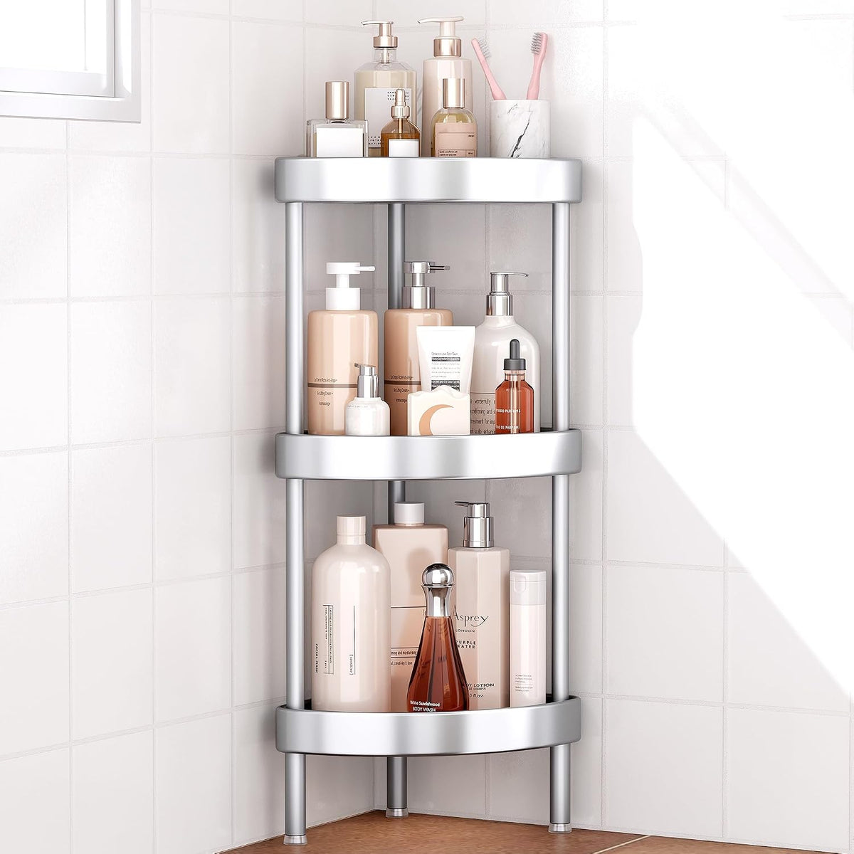 Nieifi 3 Tier Aluminum Corner Shower Caddy Standing Rustproof-Silver