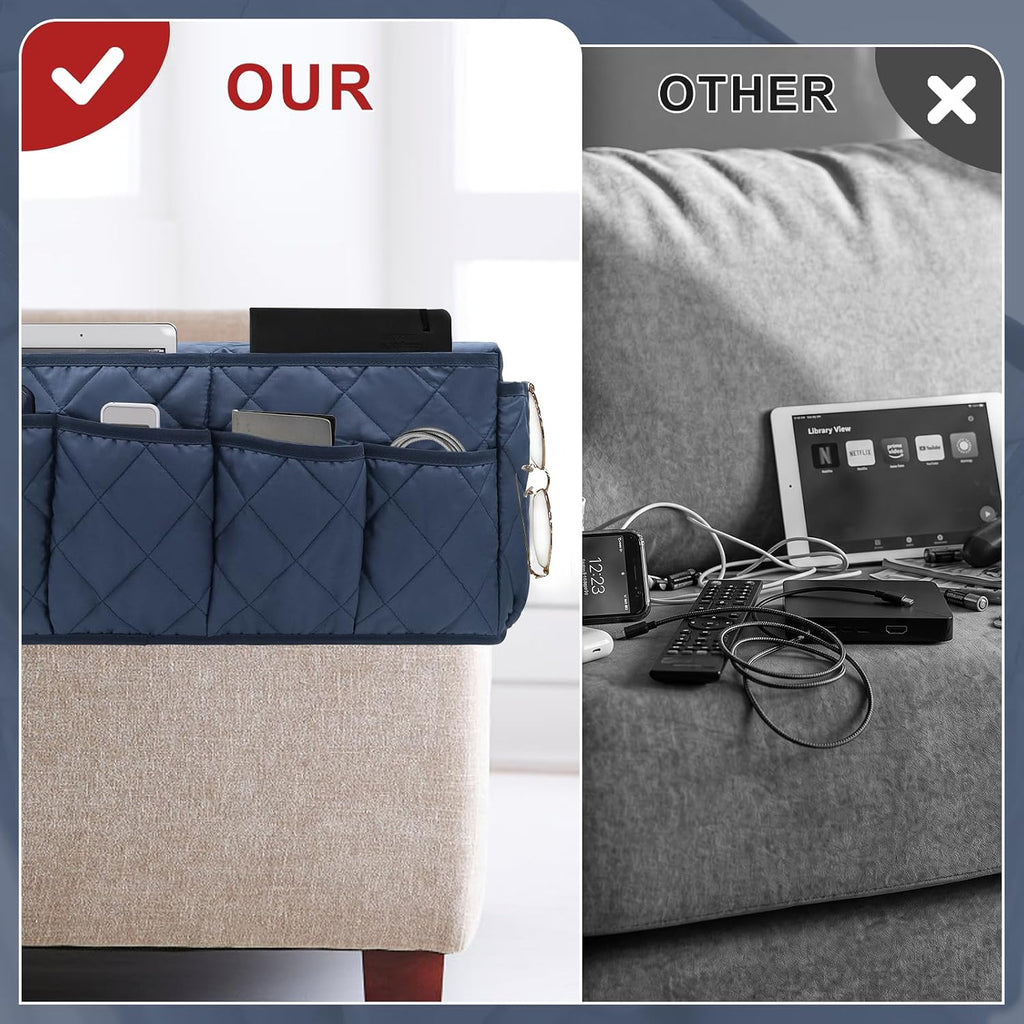 Remote Control Holder for Armchair, TV Remote Holder Arm Chair Caddy for Recliner, Non-Slip Couch Caddy Recliner Arm Caddy Sofa Armrest Organizer with 14 Pockets for Phone, Magazine, Navy Blue