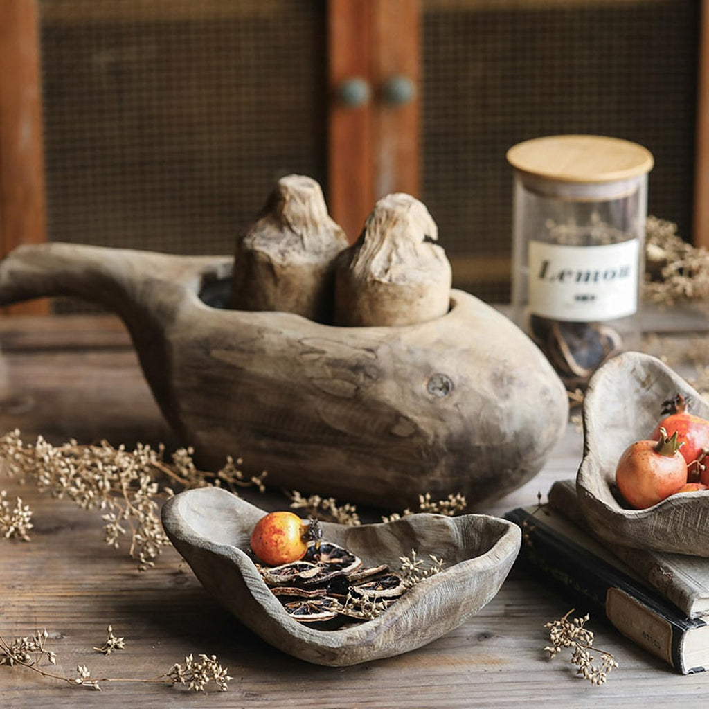 9 inch Wooden Bowl Decorative Wood Fruit Bowl, Hand-Carved Decorative Bowl
