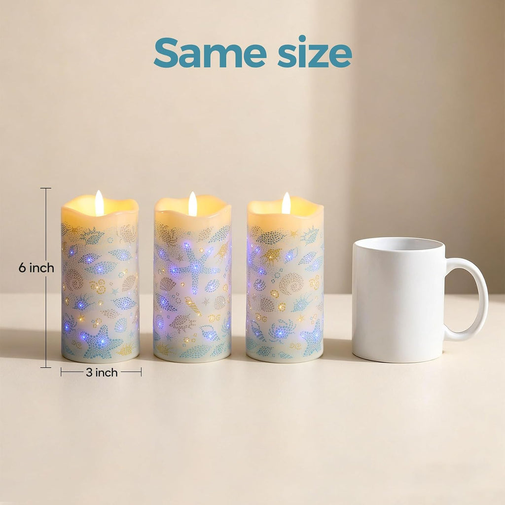 Blue Ocean Coastal Fiber Optic Flameless Pillar Candles with Remote