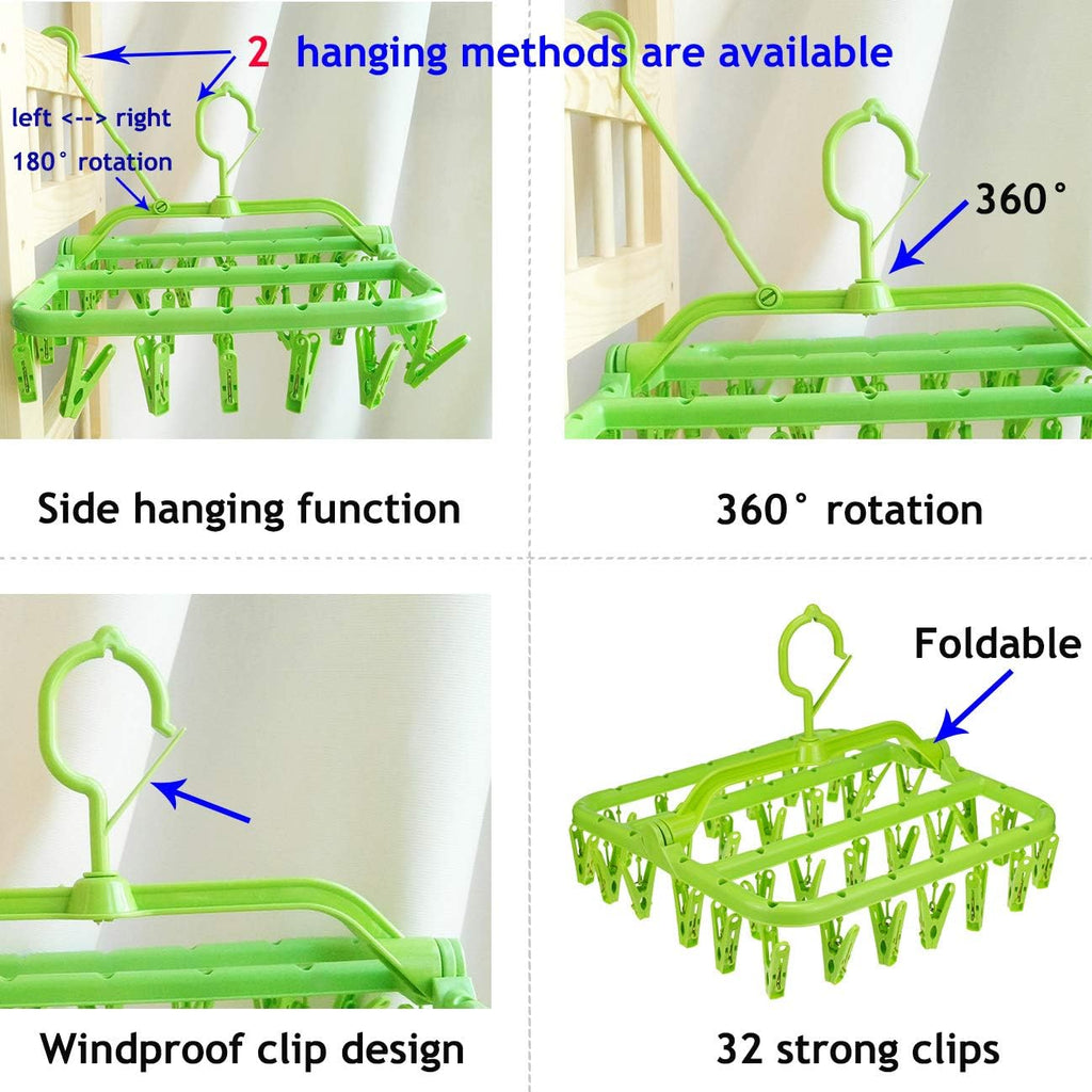 Clothespin Rack Foldable Laundry Drying Hanger,Laundry Hangers with 32 Clips,Clip Hanger Drip Hanger for Drying Underwear,Baby Clothes,Socks,Bras,Towel,Pants,Hat,Scarf,Cloth Diapers,Gloves (Green)
