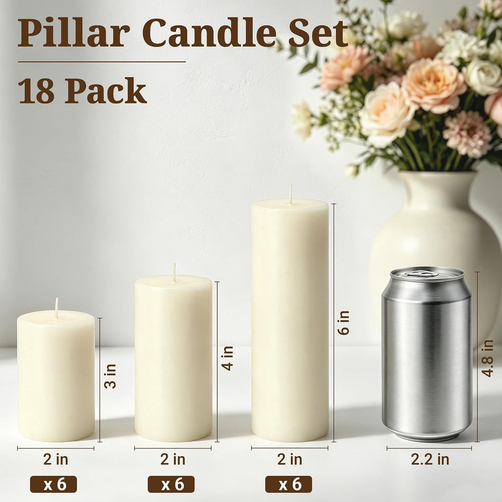 18Pcs Ivory Pillar Candles Bulk, Unscented Dripless Wax Candle Set