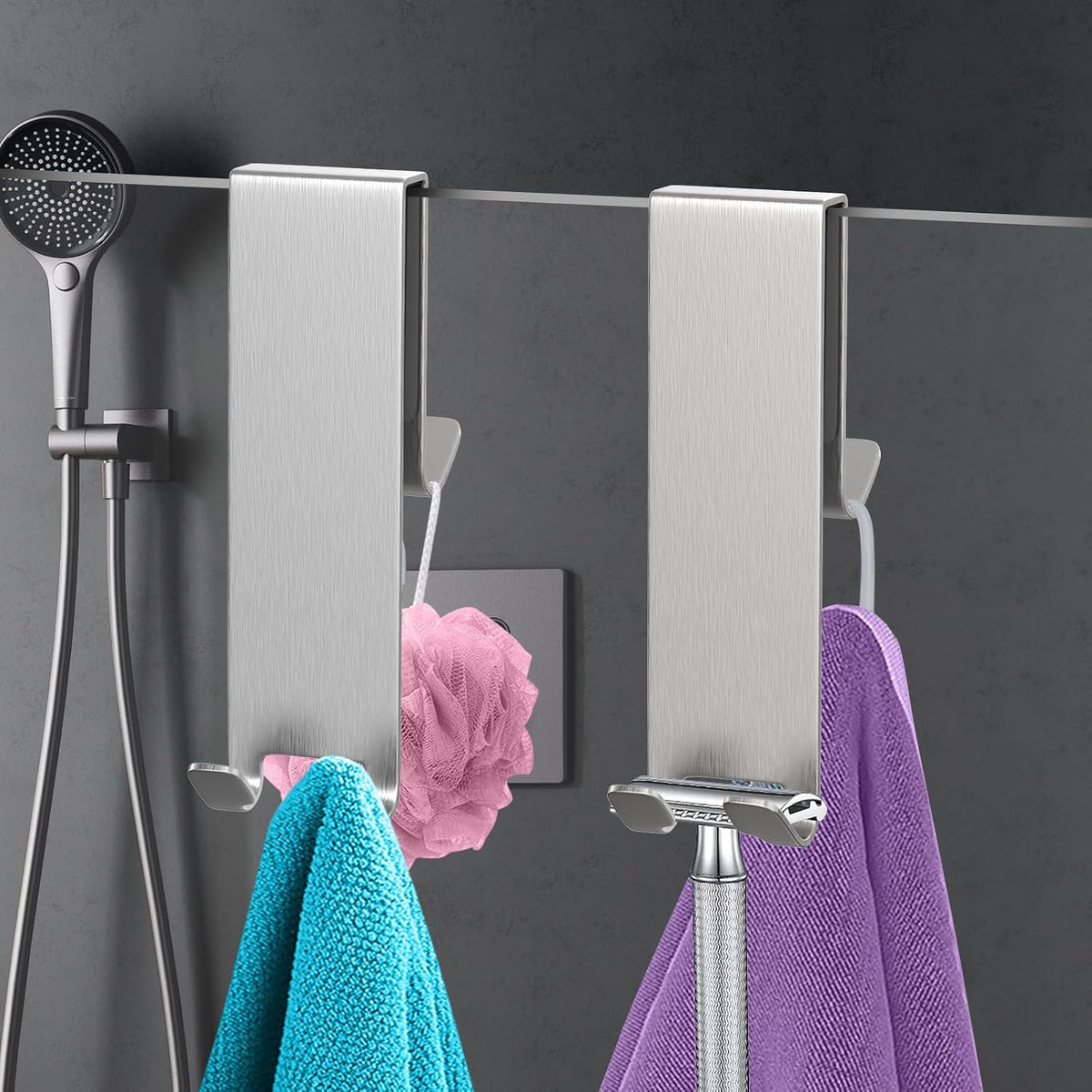 Double-Sided Over The Door Hooks 2-Pack - for Frameless Glass Showers, Heavy Duty No Drill Organizer for Towels Robes, Space Saving Silver