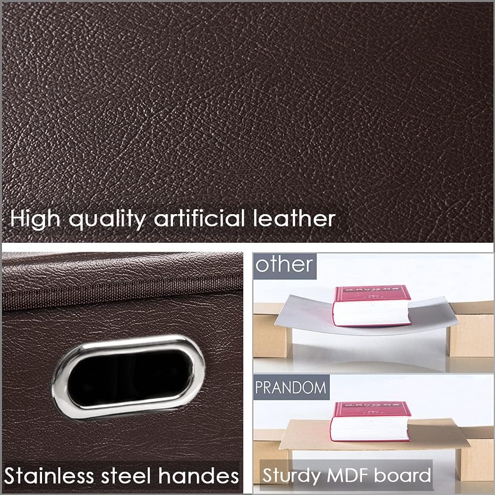 PRANDOM Leather Foldable Cube Storage Bins 13x13 inch [4-Pack] Fabric Storage Baskets Cubes Drawer with Cotton Handles Organizer for Shelves Nursery Closet Bedroom Clothes Brown