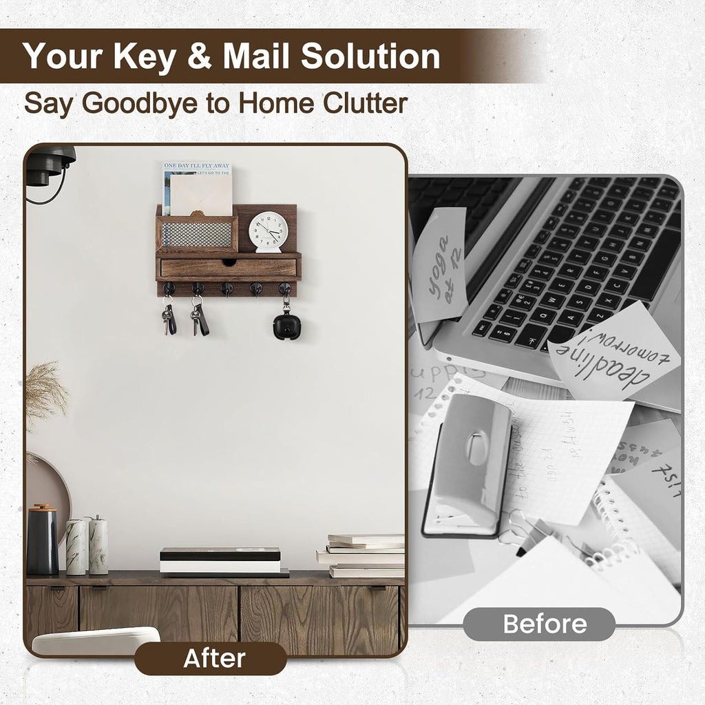 Key Holder for Wall with 5 Key Hooks and Storage Drawer