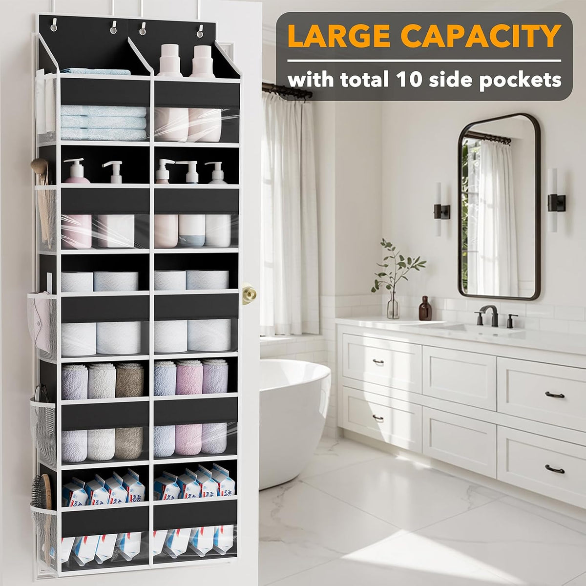 SpaceAid Extra Large Over The Door Organizer with 10 Large Pockets and 10 Mesh Side Pockets, 5 Layers Door Organizer Hanging with Clear Window for Bedroom, Bathroom, Pantry and Nursery, Black