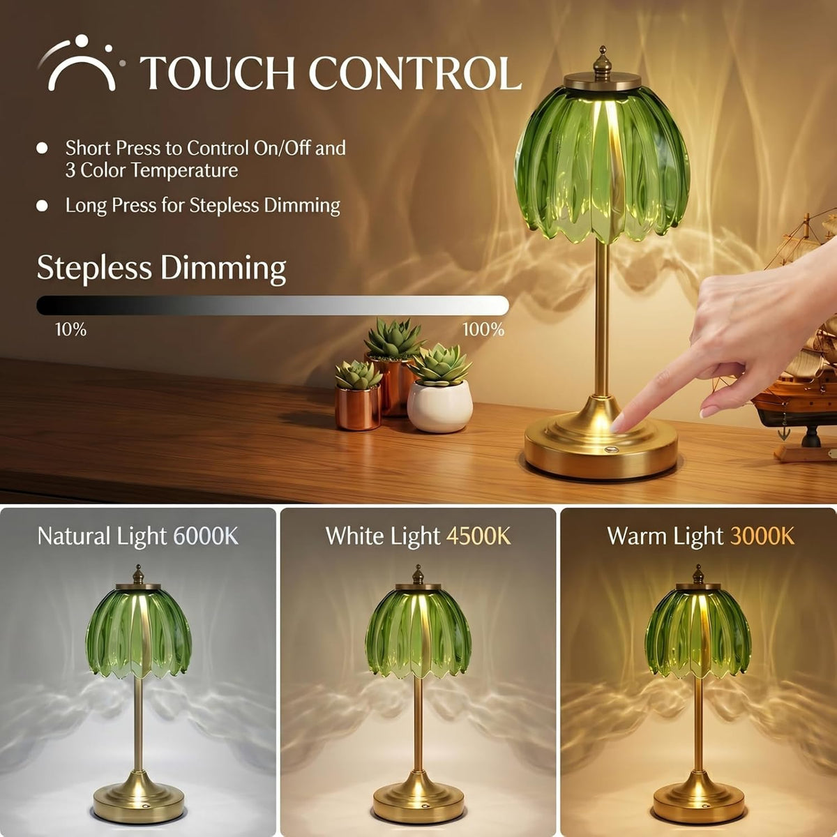 Glass Tulip Rechargeable Table Lamp, Cordless Flower Table Light -Green