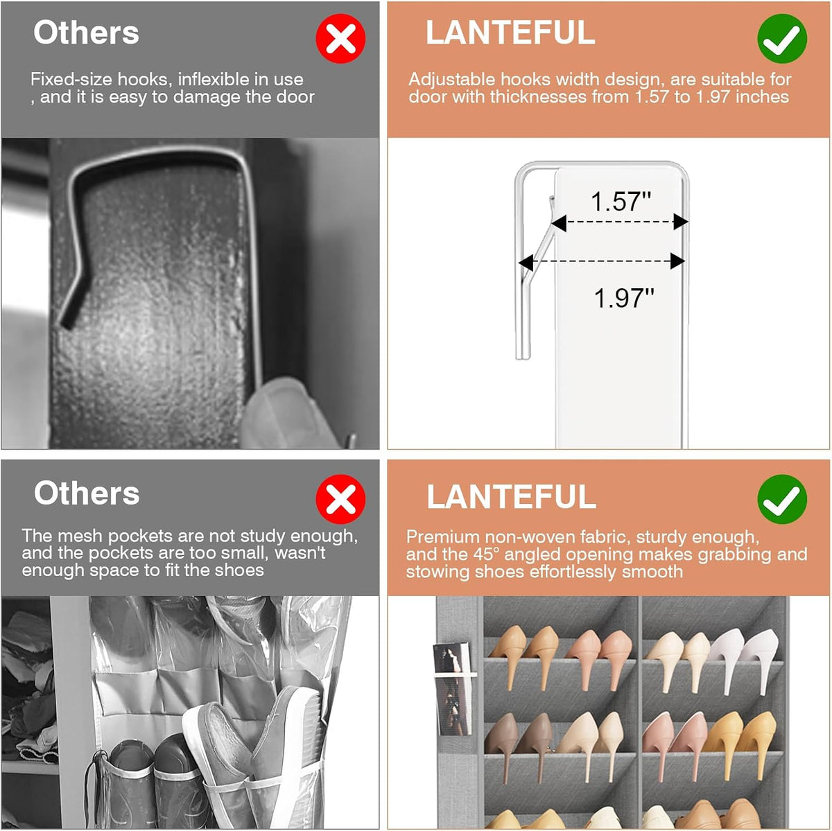 LANTEFUL Over the Door Shoe Organizer, Hanging Shoe Rack for Closet Door Shoe Storage for 30 Pairs Sneaker and Boots, Large Shoe Holder for Door with 10 Side Pockets, Space Saving, Grey