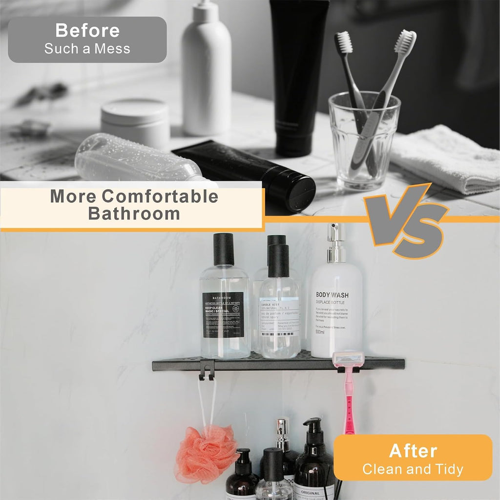 WELLUP Shower Shelf with 4 Hooks,10" Matte Black Corner Shower Shelf 2 Pack