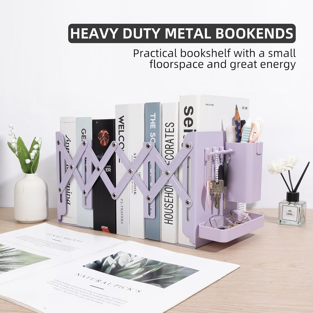 Adjustable Bookends, 19" Metal Book Ends for Heavy Books, 2 Dividers Bookends with Removable Pen Holder, Tray, and 3 Hook-up, Book Organizer for Office, School, Bookstore, Home