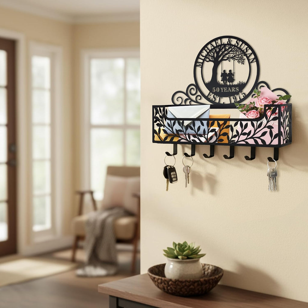 Personalized Metal Family Name Key and Mail Holder, Wall Mount Entryway Organizer with Hooks, Custom Key Rack for Kitchen, Bathroom, and Home Storage