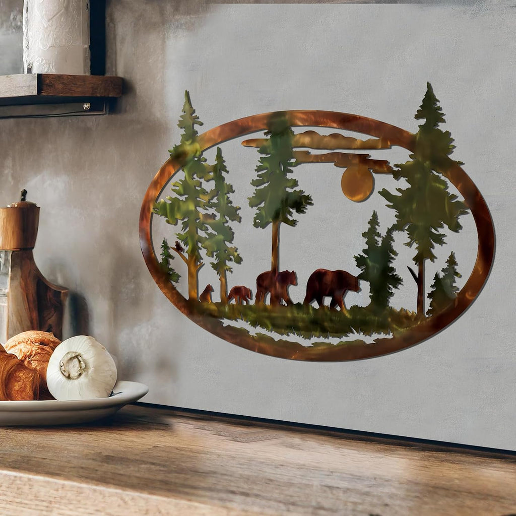 Hicarer Metal Bear Wall Art Forest Mountain Wall Decor Rustic Nature Decor