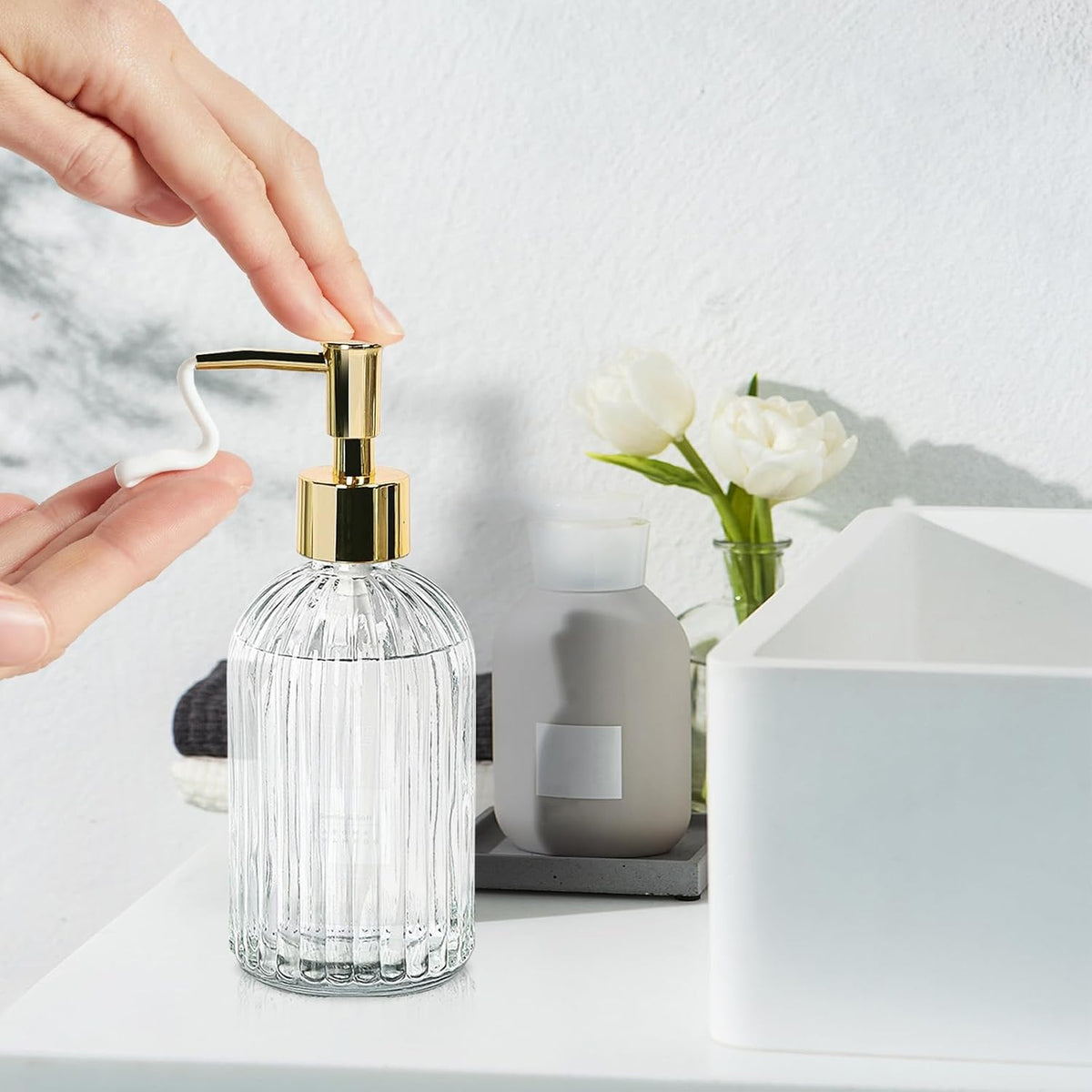14Oz Clear Glass Soap Dispenser with Plastic Pump, for Kitchen, Bathroom