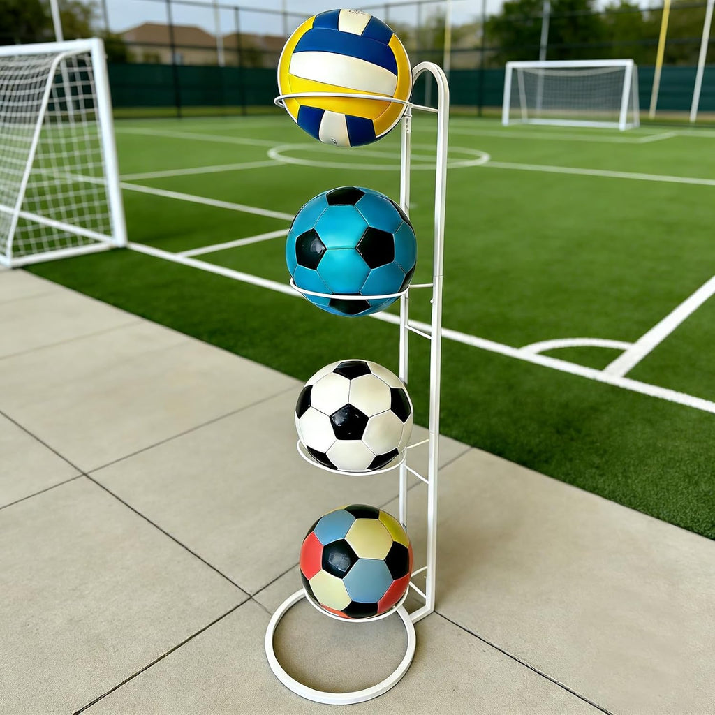Ball Storage Rack, White Metal, 4-Tier Vertical Organizer for Basketball, Soccer, Volleyball, Sports Equipment Holder (4-Tier)