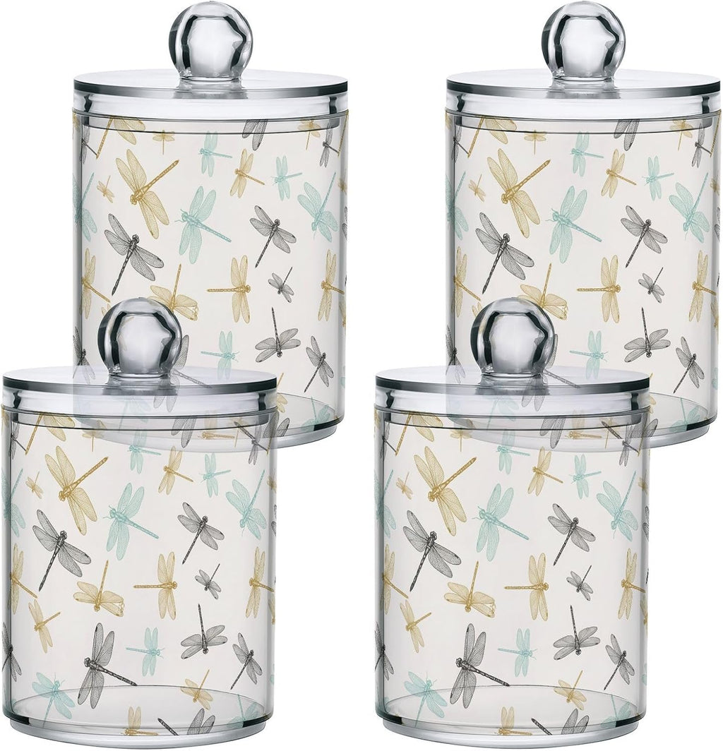 4 Pack Qtip Dispenser Apothecary Jars Bathroom Organizer, Golden Blue Dragonfly Retro Qtip Holder Storage Canister Plastic Acrylic Jar for Cotton Ball/Swab/Rounds