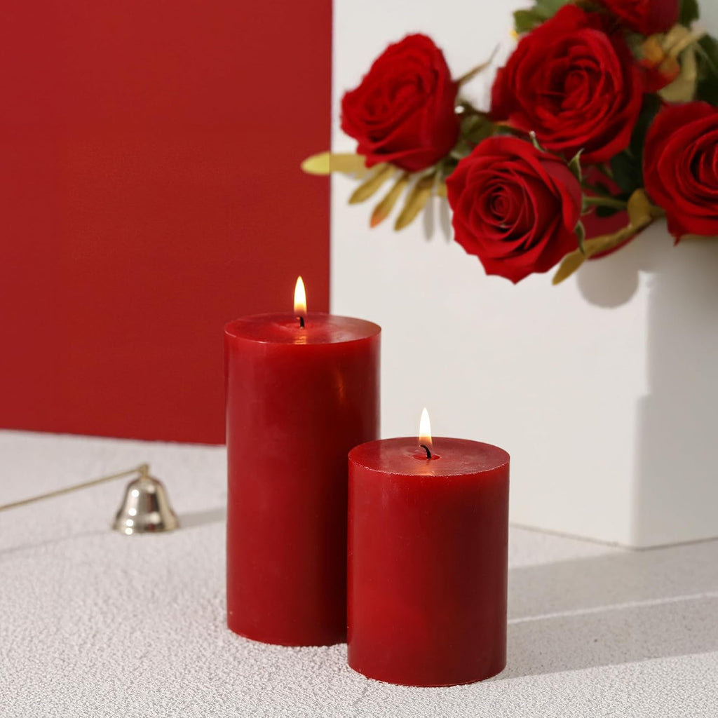 3x4 Inch Red Pillar Candles Set of 3 - Decorative Unscented Pillar Candle