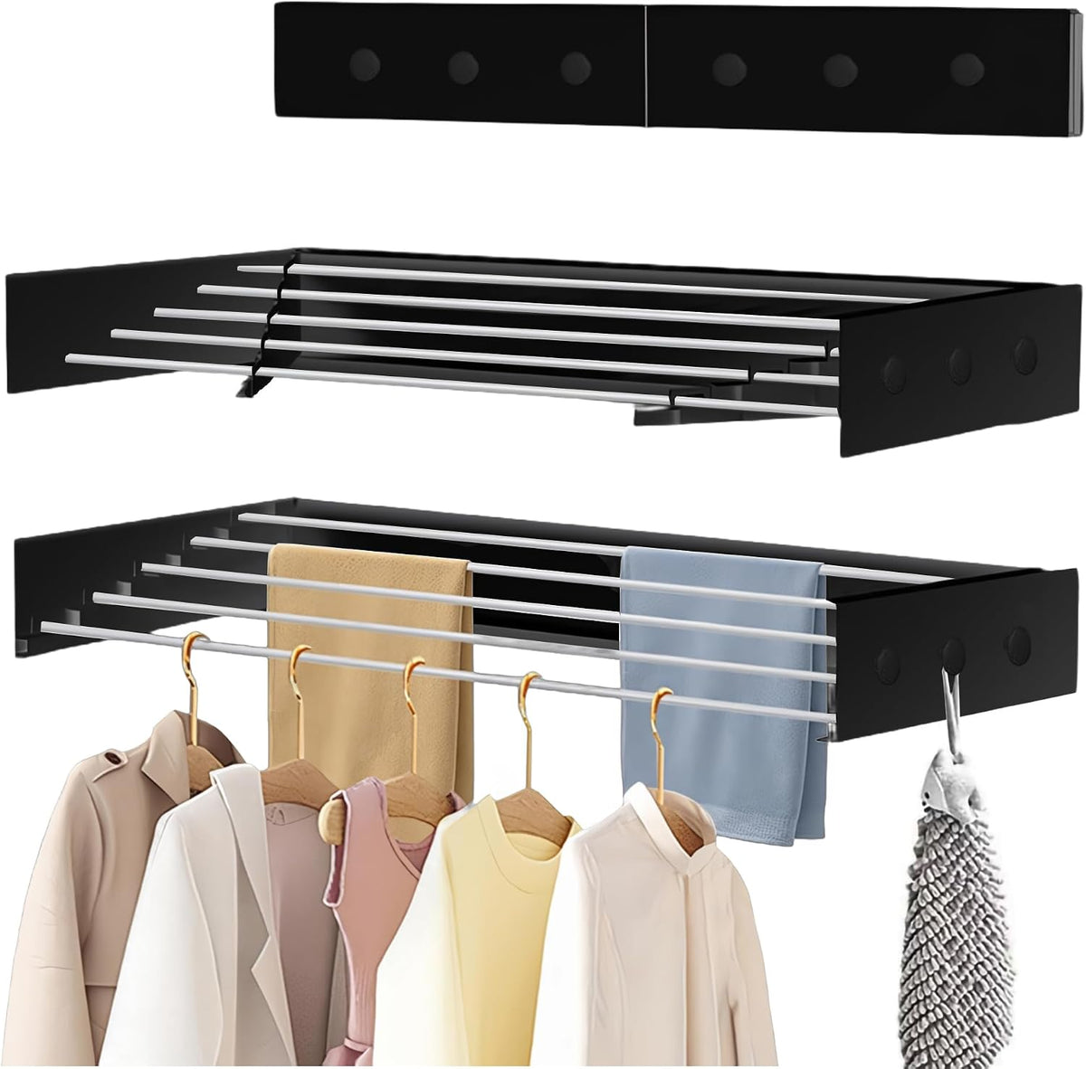 Laundry Drying Rack Collapsible, Wall Mounted, The Surface has Hooks (Black-31.5")