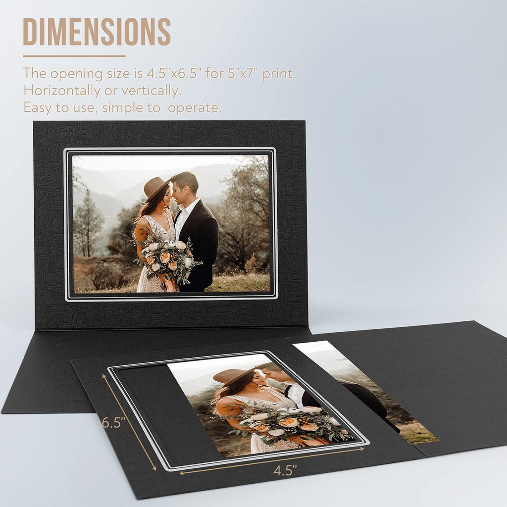 Golden State Art 50 Pack, 5x7 Photo Folders, Black with Silver Lining, DIY Photo Frames, All Occasions