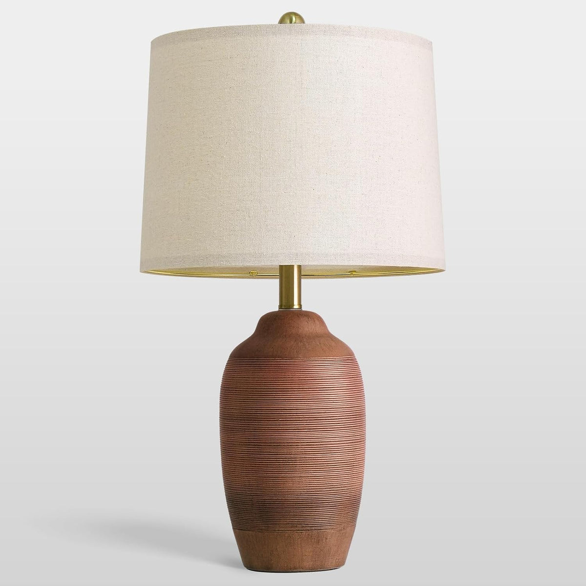 24.5" Single Rustic Terracotta Brown Handcrafted Ceramic Table Lamp 5FT Cord,Farmhouse Vintage Lamp with Linen Drum Shade, Bedside Lamp for Nightstands Bedroom Living Room Entryway,Bulb Not Included