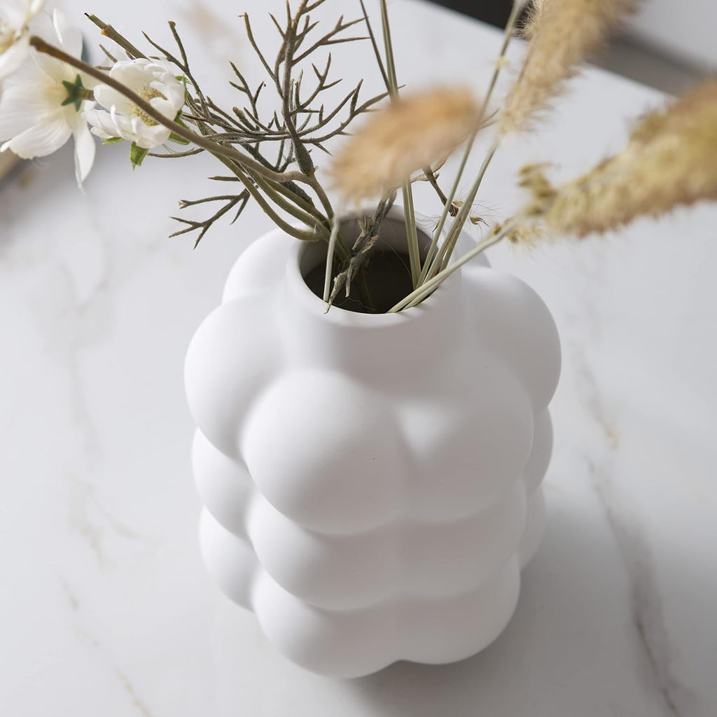 Mowtanco White Ceramic Vase, Modern Small Vase for Centerpiece 6.7" Tall