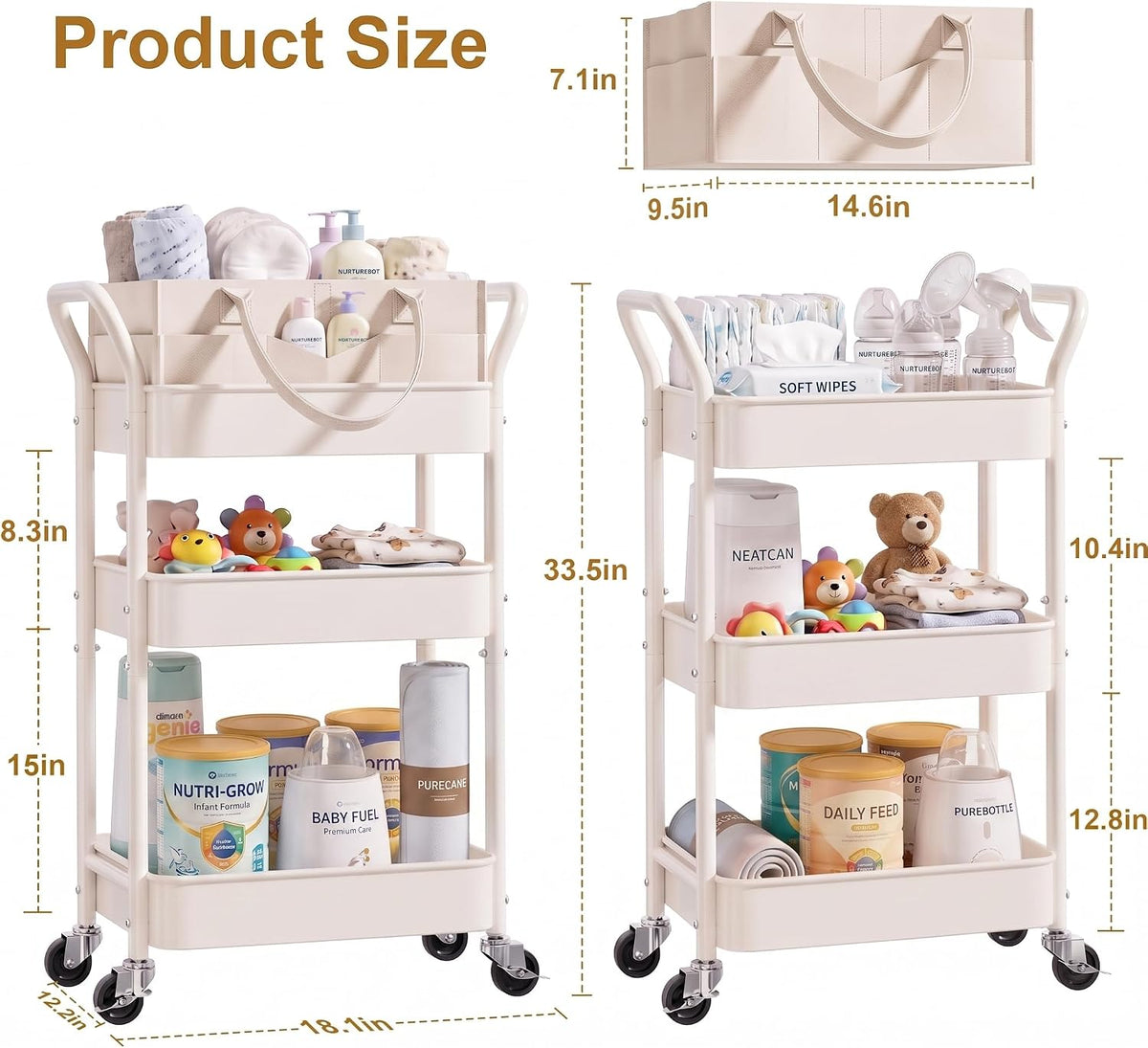 White 3 Tier Rolling Diaper Caddy Cart with Wheels,3in1 Detachable Dividers