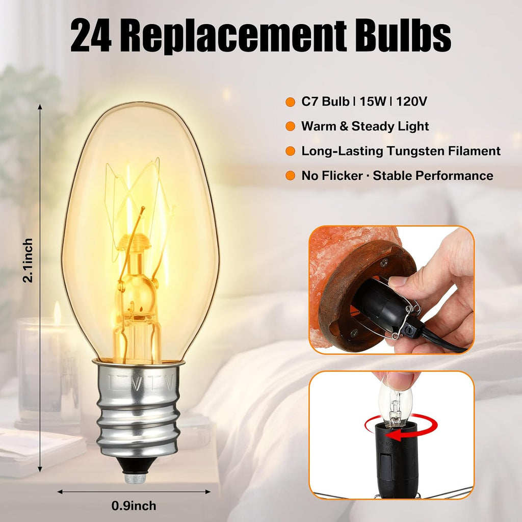 VIHOSE Salt Lamp Cord Replacement Set 8 Pcs 5.9FT Power Cord with Dimmer Switch 24 Pcs C7 15w Lights Bulbs for Himalayan Rock Lamps Night Lights Decorative Replacement Accessory