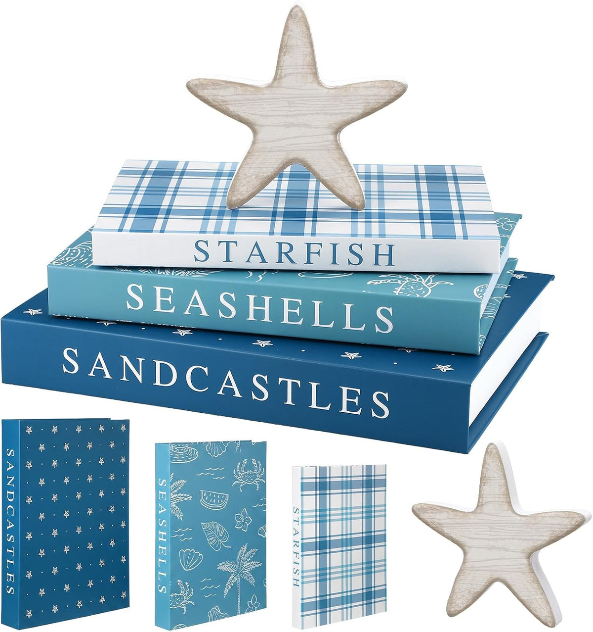 Thyle Summer Decorative Faux Books Set, Storage Boxes with Wood Starfish