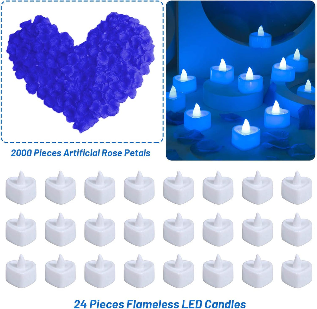 cridoz Blue Rose Petals for Romantic Night for him Set, 2000 Pieces Artificial Rose Petals with 24 Pieces Flameless LED Candles for Decoration Wedding Party Valentine's Day(Blue)