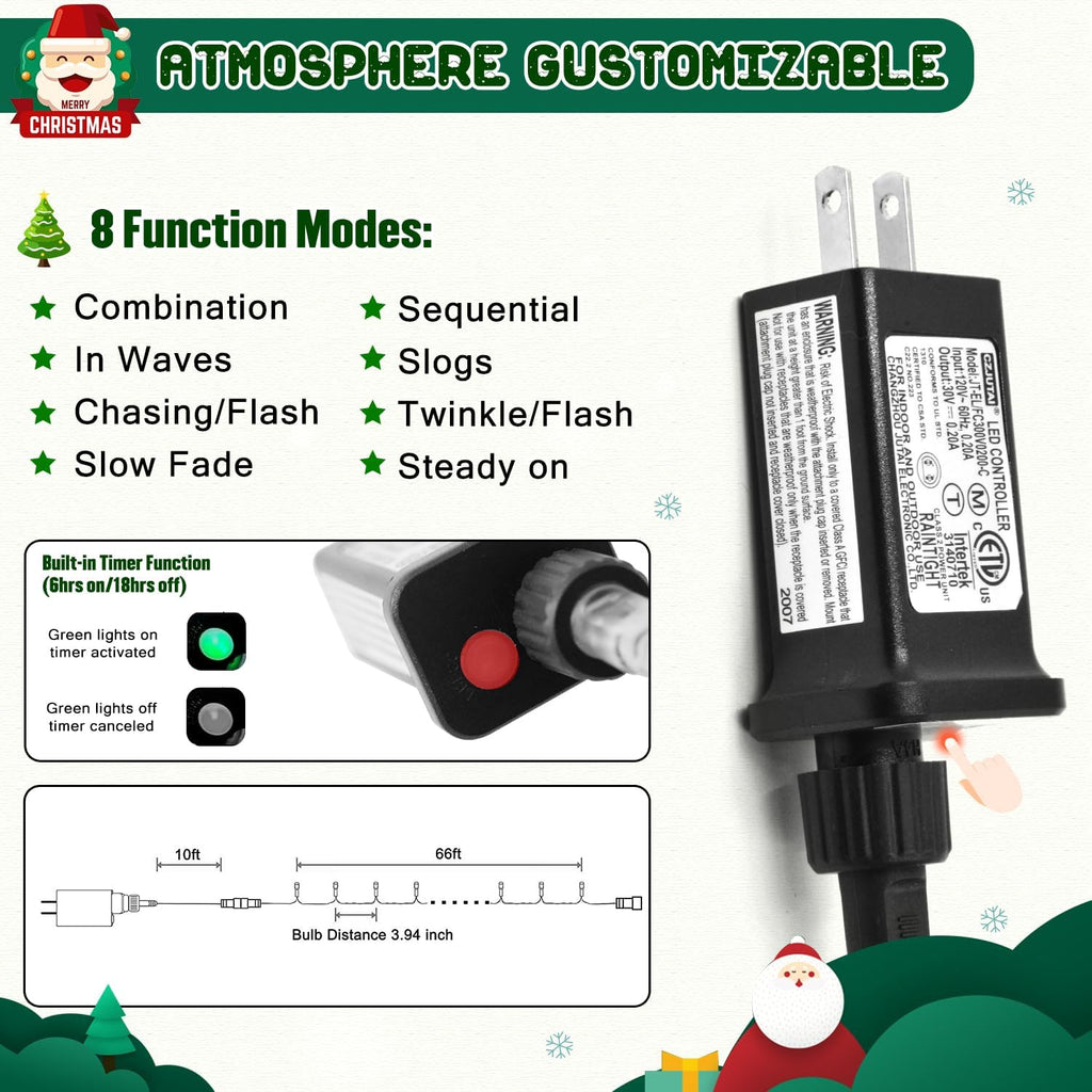 JMEXSUSS 66ft 200LED Christmas Lights Outdoor, Christmas Tree Lights Indoor (Pack of 2)