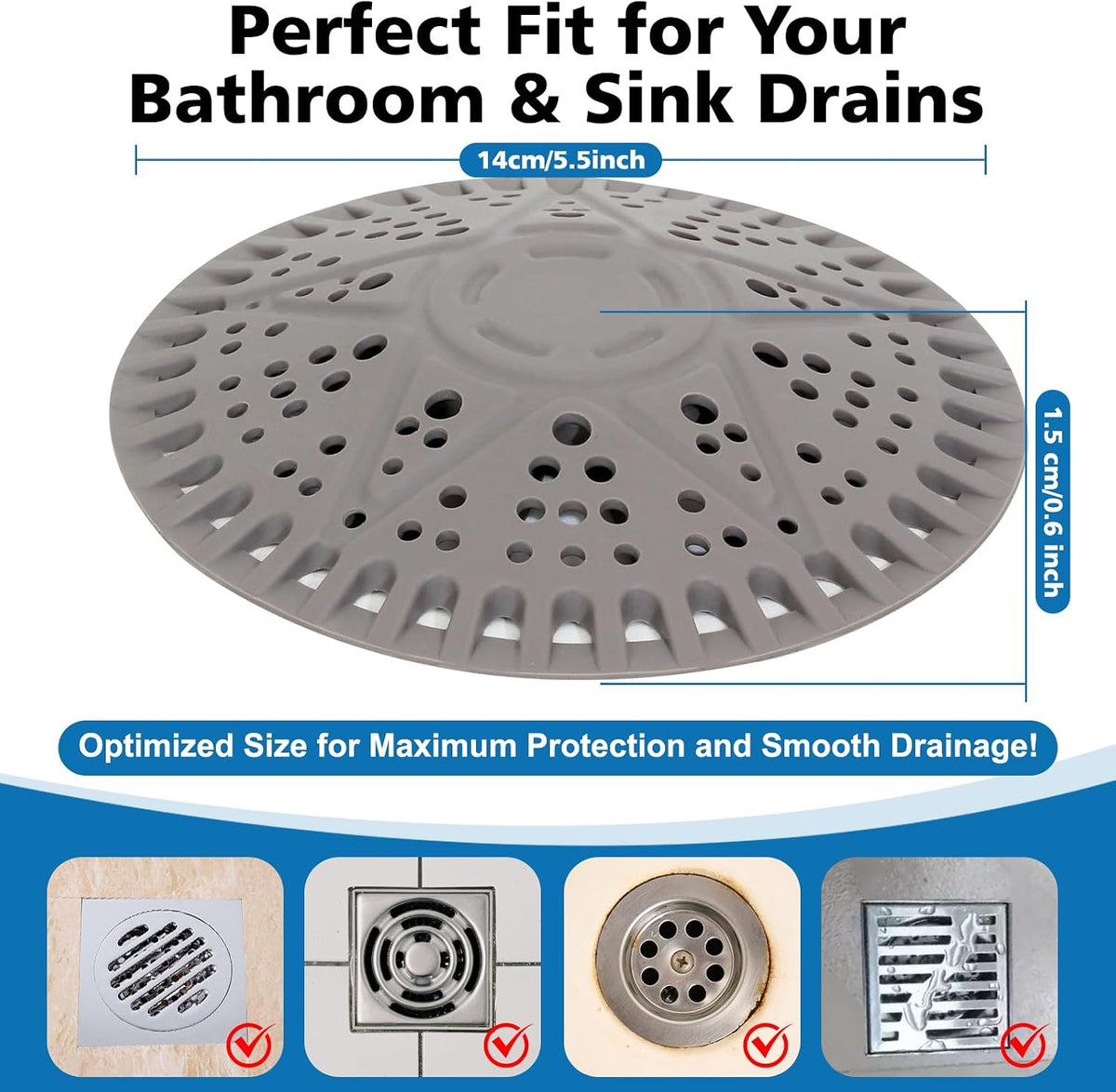 ZOOY Shower Drain Hair Catcher, 2 Pack 5.5 Inch Large Silicone Drain Cover, Rubber Hair Drain Catcher, Anti-Clog Hair Trap Strainer Protector for Shower, Bathroom, Bathtub, Tub Sink(New Gery)