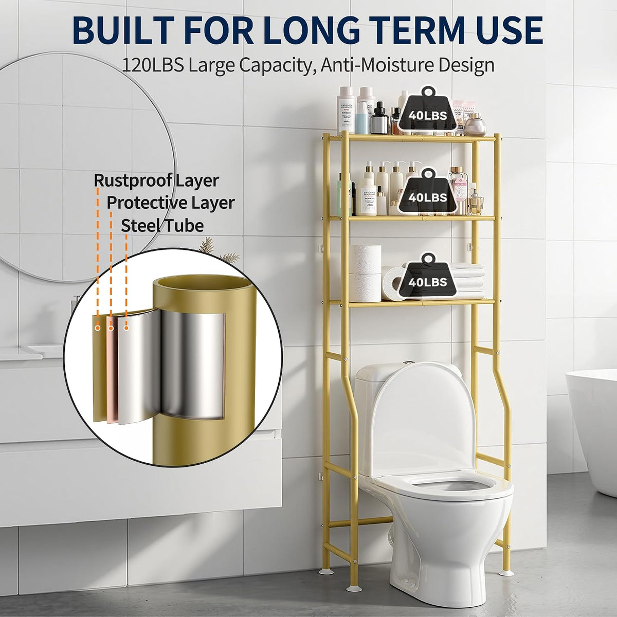 Livilord 3-Tier Over The Toilet Storage Rack, Space Saver Metal Bathroom Shelves, Freestanding Over Toilet Bathroom Organizer for Bathroom/Living Room (Gold)