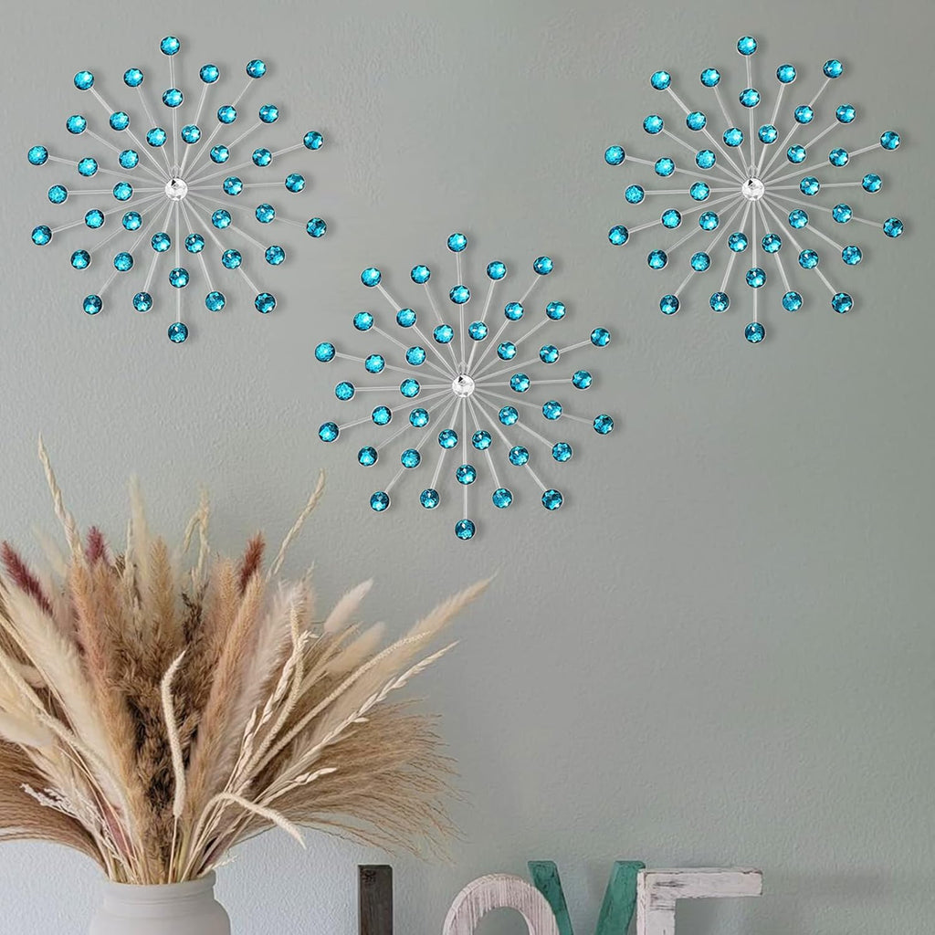 SIYIKRYP Set of 3 Crystal Sunburst Wall Decor – 9.8" Metal Wall Art with Blue Rhinestone Accents – Modern 3D Starburst Hanging Ornaments for Living Room, Bedroom, Office