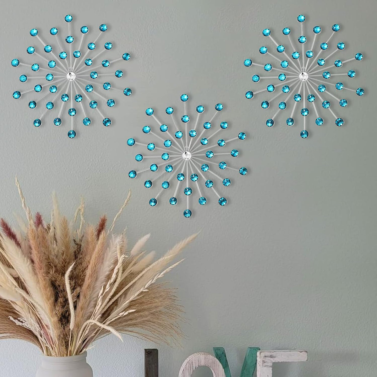 SIYIKRYP Set of 3 Crystal Sunburst Wall Decor – 9.8" Metal Wall Art with Blue Rhinestone Accents – Modern 3D Starburst Hanging Ornaments for Living Room, Bedroom, Office