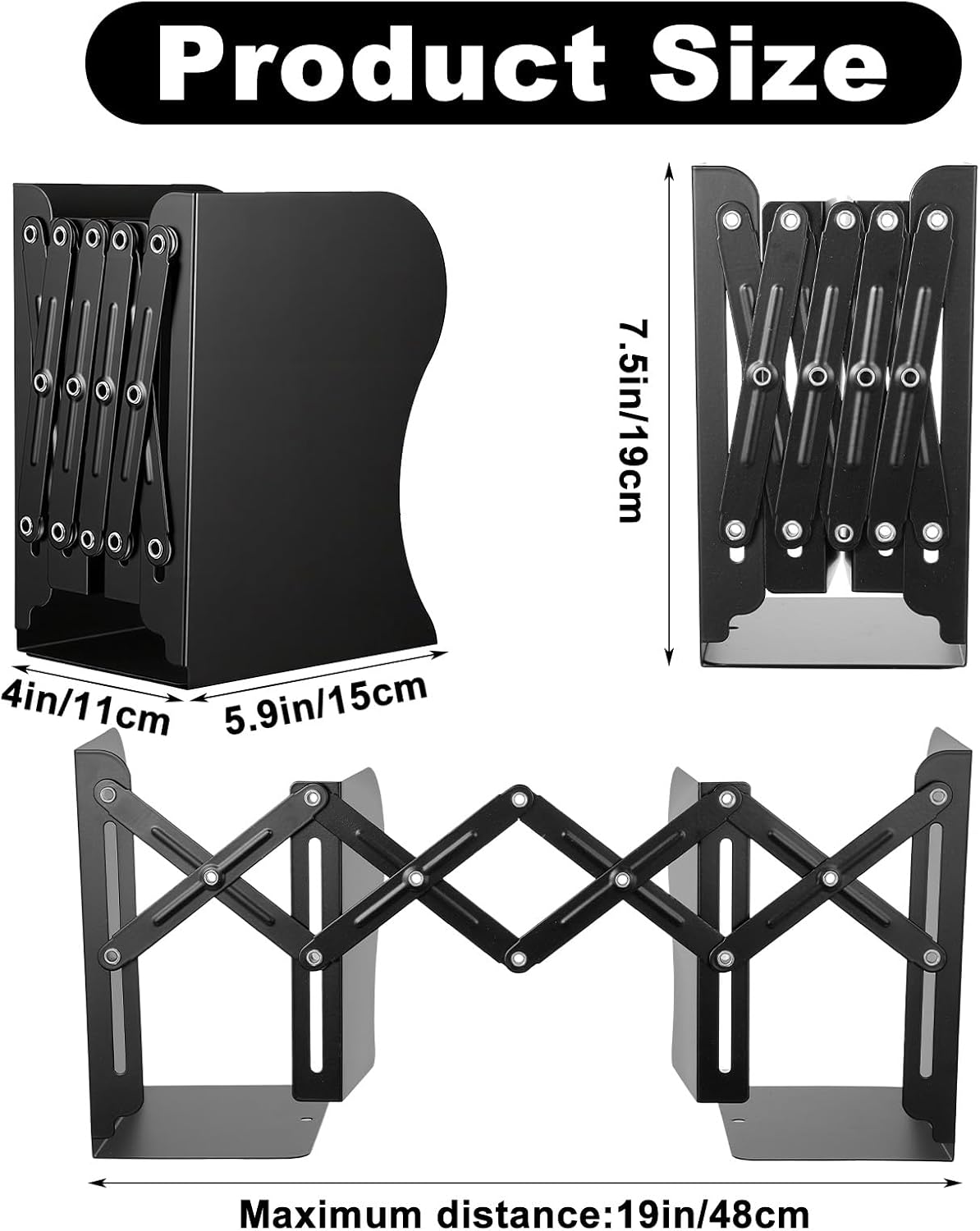 2 Pack Adjustable Bookends Heavy Duty Metal Bookends for Heavy Books Shelves Book End Bookshelf Organizer for Desk Large Black 19 Inch