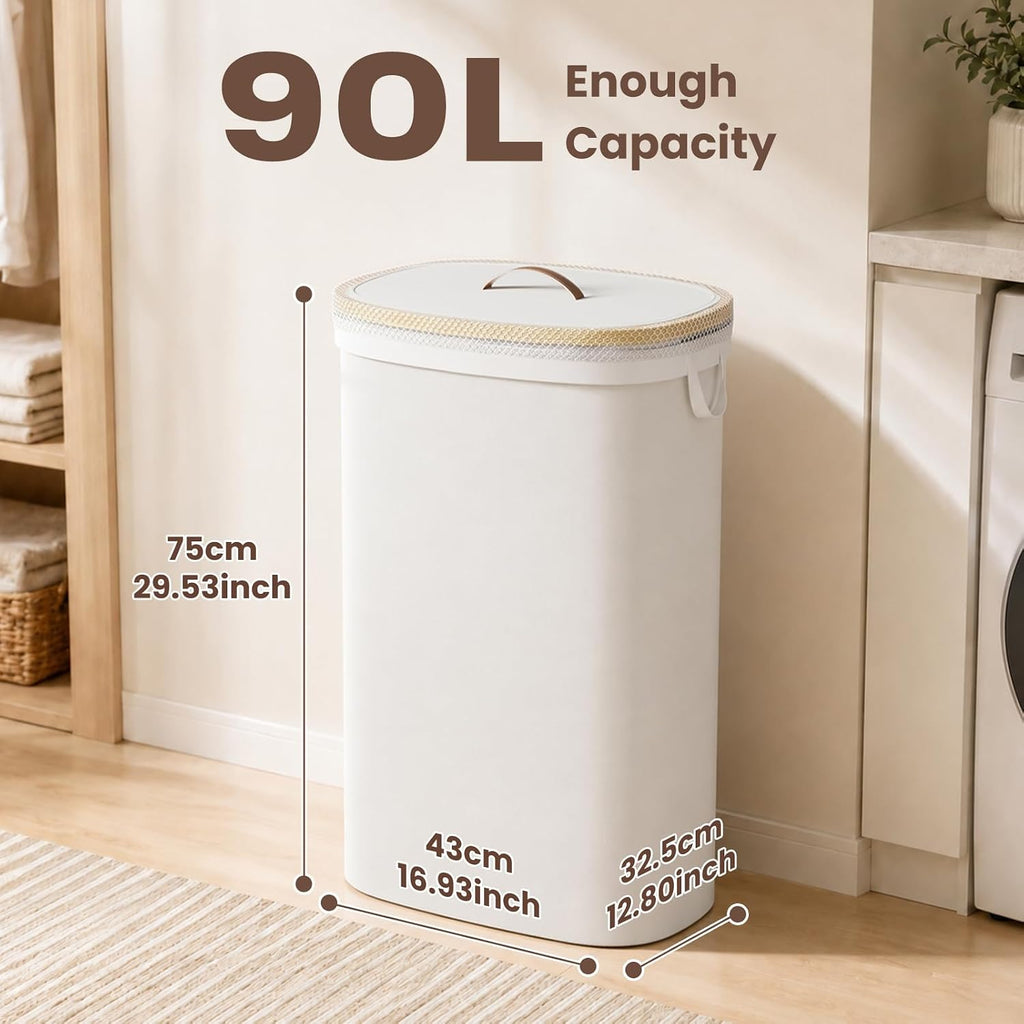 Laundry Hamper with Lid, 90L Large Tall Laundry Basket with Removable Laundry Bag, Collapsible Dirty Clothes Hamper for Bedroom, Bathroom and Laundry Room, Silver Gray