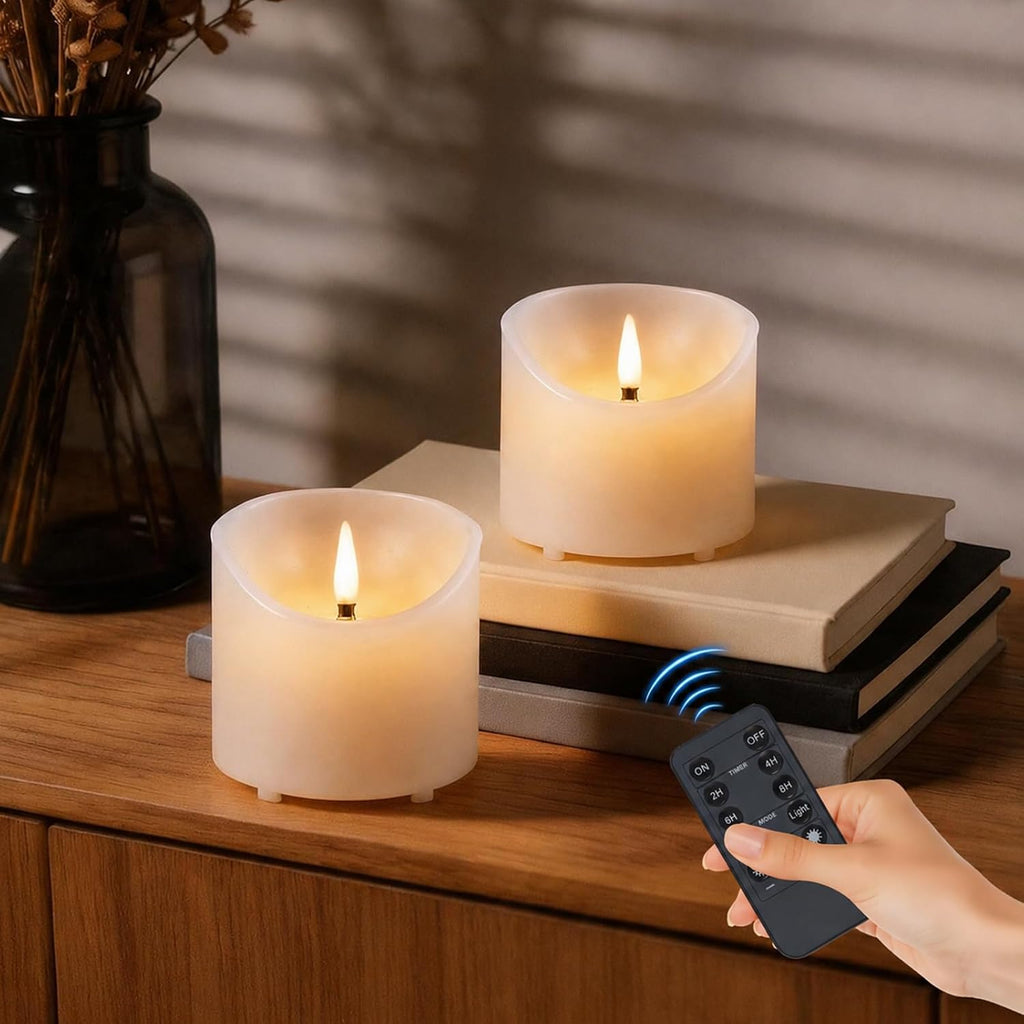 Flickering Flameless Candles, Real Wax Battery Operated Candles with Remote and Timer, 3"x 3" LED Fake Candles, Last 600+ Hours, Electric Battery Candles for Home Wedding Party Decor, 2 Pack