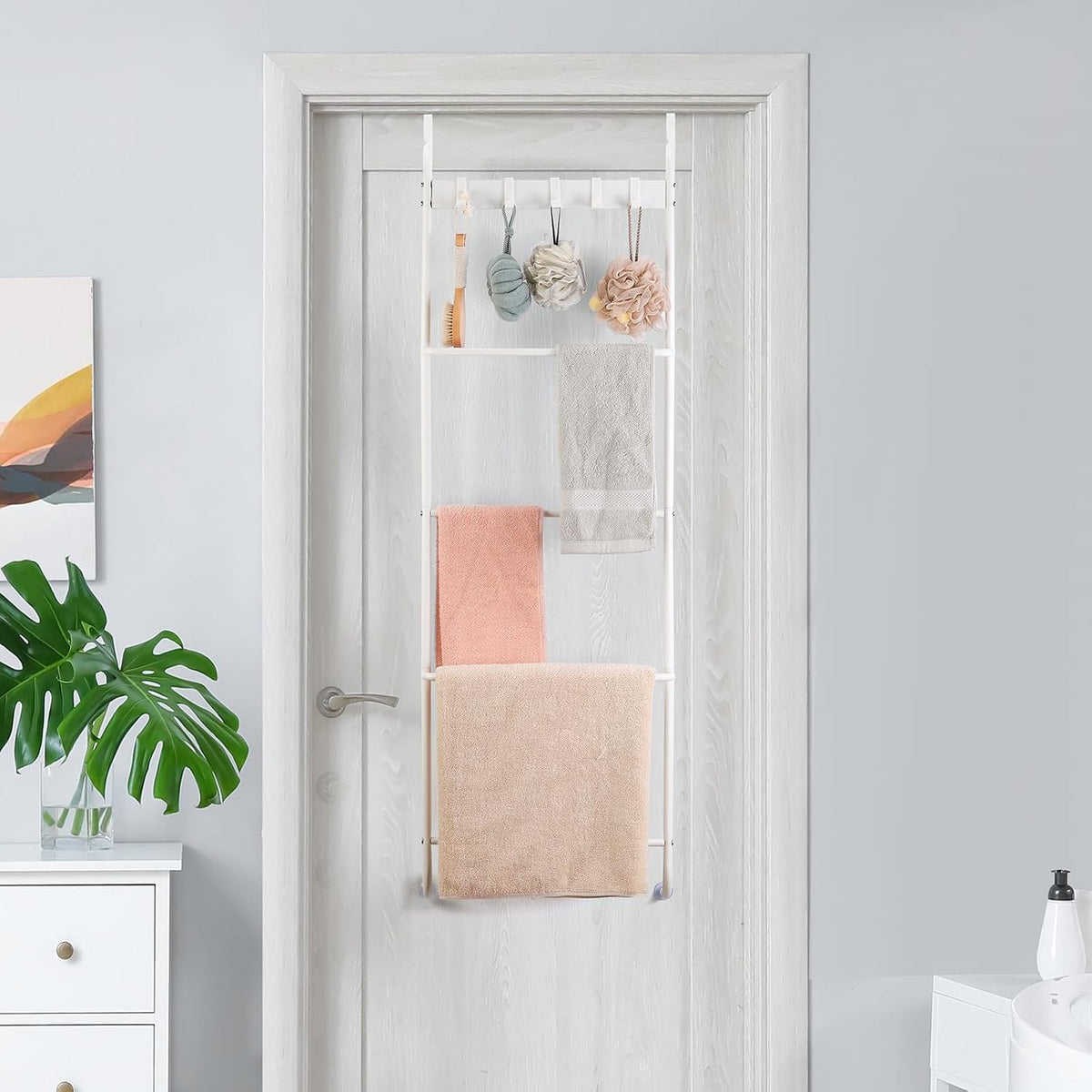 Over The Door Towel Rack 5 Tier Over The Door Towel Bar for Bathroom Towel Holder Over Door Hanger with Hooks Large Metal Towel Blanket for Bedroom Dorm Door (White)